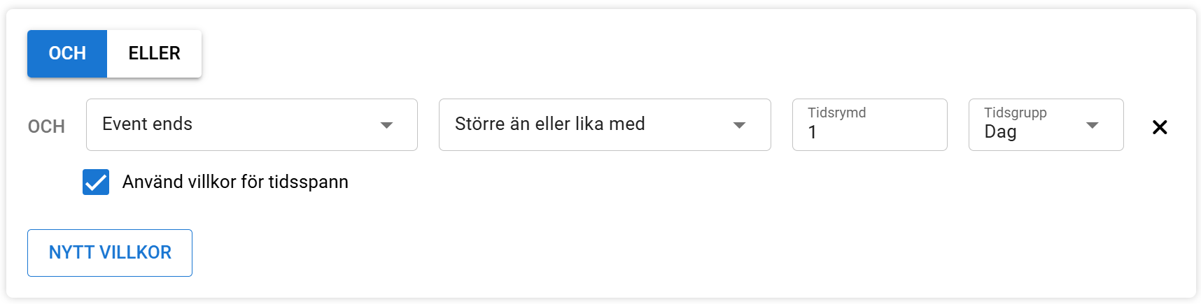 Skärmdump av gränssnittet som visar villkor för evenemanghantering, logiska operatörer och inställningar för tidsperioder.