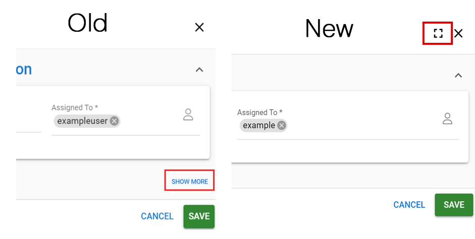 screenshot showing the old show more button on the left and the new full screen mode button on the right