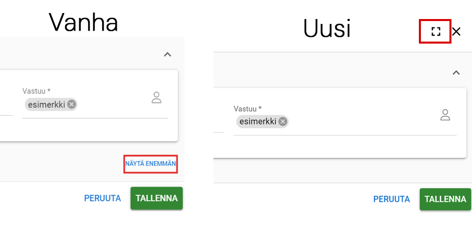 kuvankaappaus jossa esitetään vanha näytä enemmän painike vasemmalla ja uusi koko ruudun tila painike oikealla