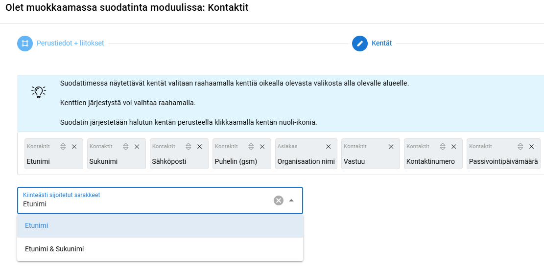 Screenshot of a contacts module filter setup, showing selectable fields like First Name, Last Name, Mobile, Email, and more.