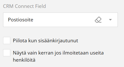 Kuvakaappaus CRM-käyttöliittymästä, jossa näkyy Postiosoite -syöttökenttä ja asetukset piilottamista ja esitäyttöä varten.