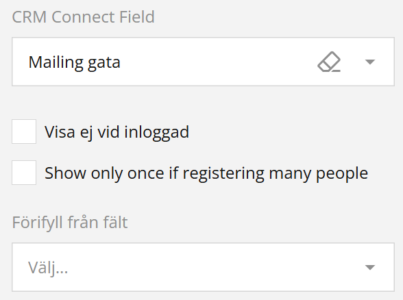 Skärmdump av ett CRM-gränssnitt som visar ett inmatningsfält för ”Mailing gata” med alternativ för att dölja och förifyllda inställningar.