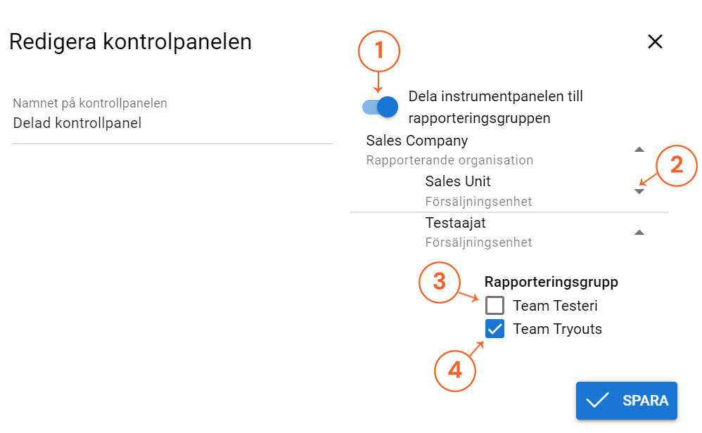 Skärmdump av gränssnittet ”Redigera dashboard” med alternativ för att dela och välja rapporteringsgrupper.