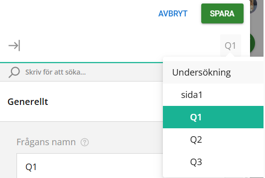 Grafiskt användargränssnitt för ett enkätverktyg med ”Q1” markerat som aktuellt val.