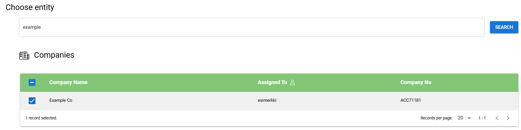 Screenshot of a user interface displaying a company search feature with "Example Co" selected and relevant details shown below.