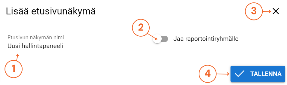 Käyttöliittymä etusivunäkymän lisäämistä varten, jossa on vaihtoehdot nimen syöttämiseen, asetusten jakamiseen, sulkemiseen ja tallentamiseen.