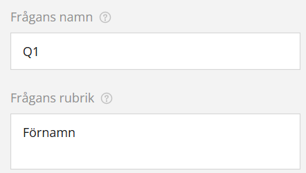 Textfält med rubrikerna ”Frågan” och ”Frågetitel” med ”F1” och ”Förnamn” som exempel, mot en grå bakgrund.