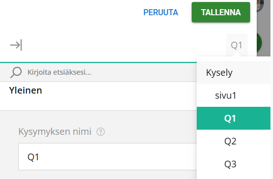 Kyselytyökalun graafinen käyttöliittymä, jossa ”Q1” on korostettu nykyisenä valintana.