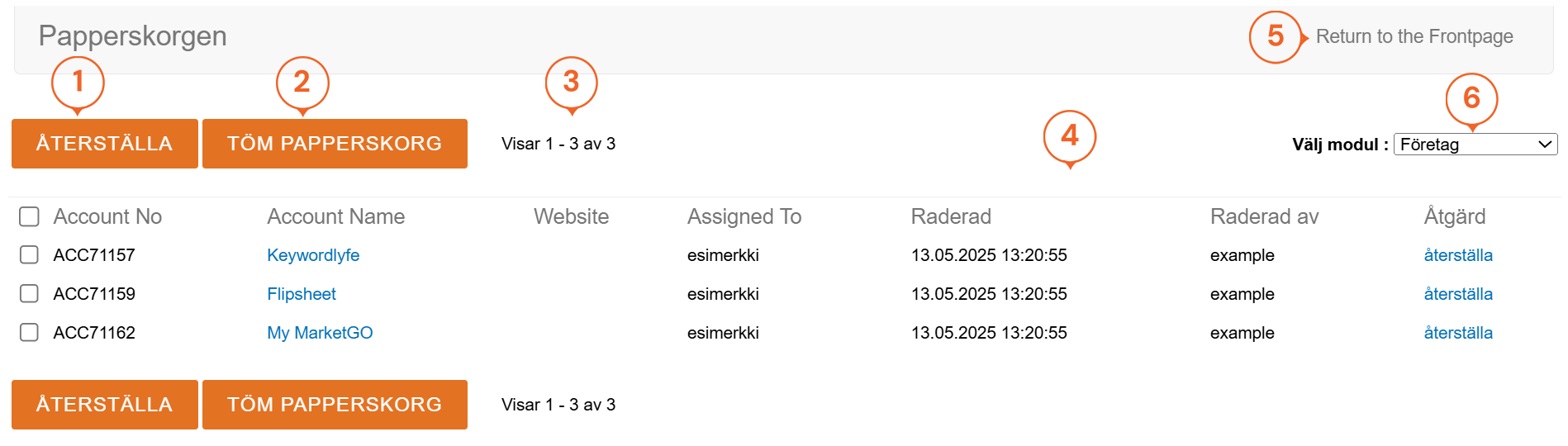 A user interface for a Recycle Bin, displaying options to restore or empty items, with lists of trashed companies and actions available.