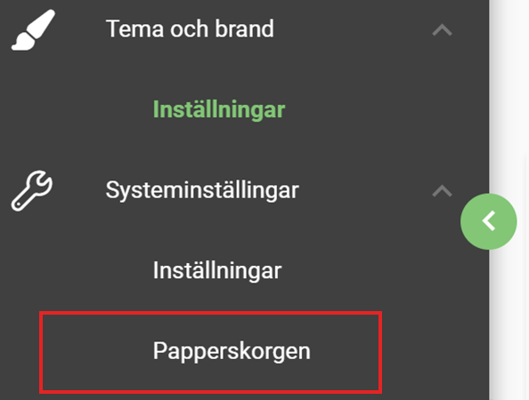 Menu displaying settings options, highlighting "Recycle Bin" in red to indicate selection or focus in a user interface.