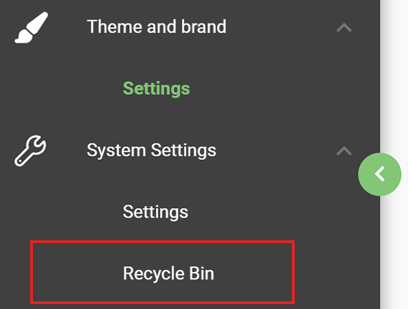 Menu displaying settings options, highlighting "Recycle Bin" in red to indicate selection or focus in a user interface.