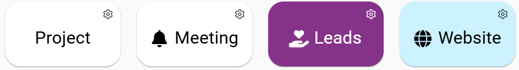 Four rectangular buttons labeled "Project," "Meeting," "Leads," and "Website," each with unique icons and background colors.