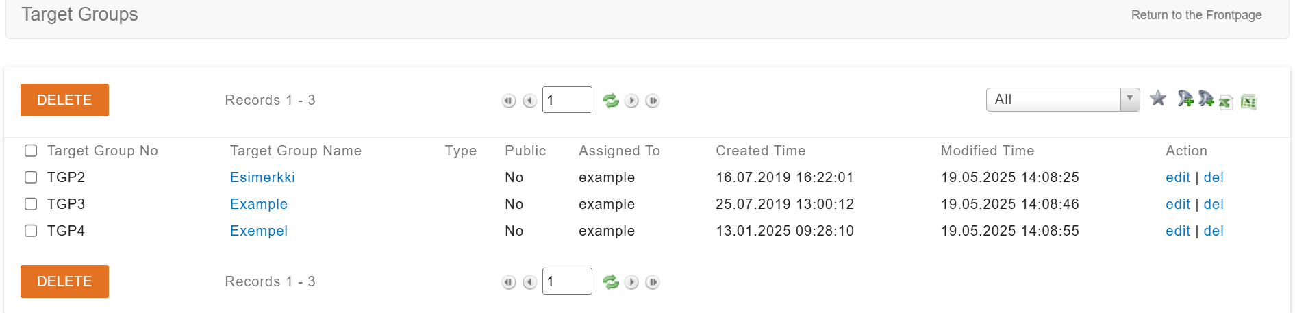 Table displaying target groups with columns for group number, name, type, public status, assignment, and timestamps for creation and modification.