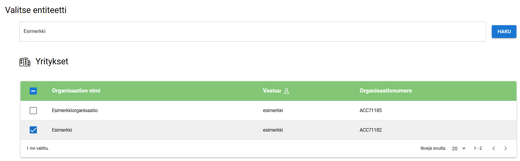 Käyttöliittymän kuvakaappaus, jossa näkyy yrityshakuominaisuus, jossa on valittuna ”Esimerkki” ja alla näkyvät asiaankuuluvat tiedot.