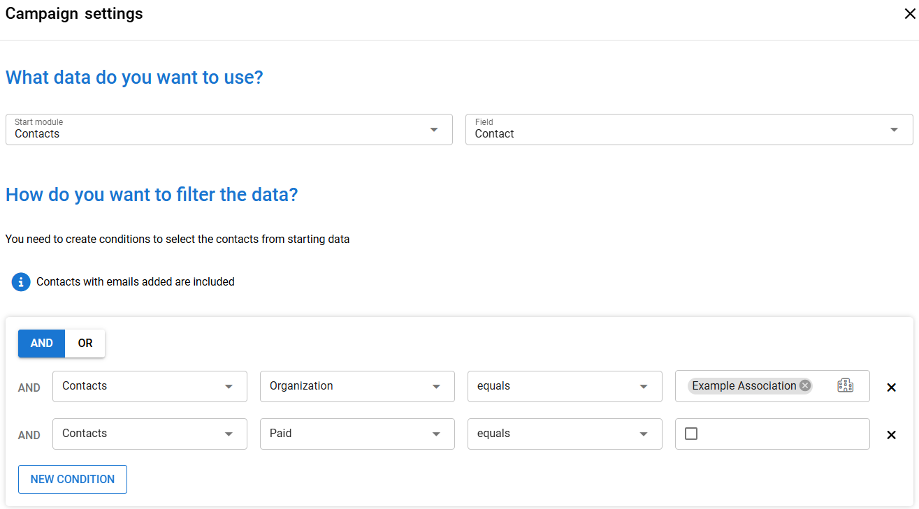 Tietokuvake, jossa on viesti, joka ilmoittaa, että vain kontaktit, joihin on lisätty sähköpostiosoitteet, on sisällytetty.
