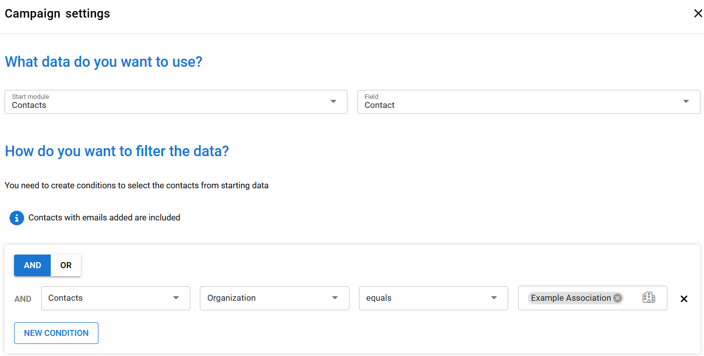 Tietokuvake, jossa on viesti, joka ilmoittaa, että vain kontaktit, joihin on lisätty sähköpostiosoitteet, on sisällytetty.